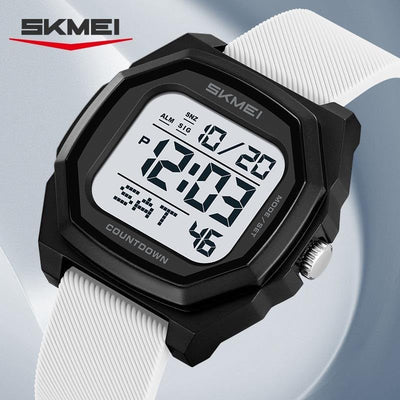 SKMEI 2495PWT Men’s Digital Sports Watch – White Silicone Strap Octagon Dial LED Countdown Watch-CODE-217